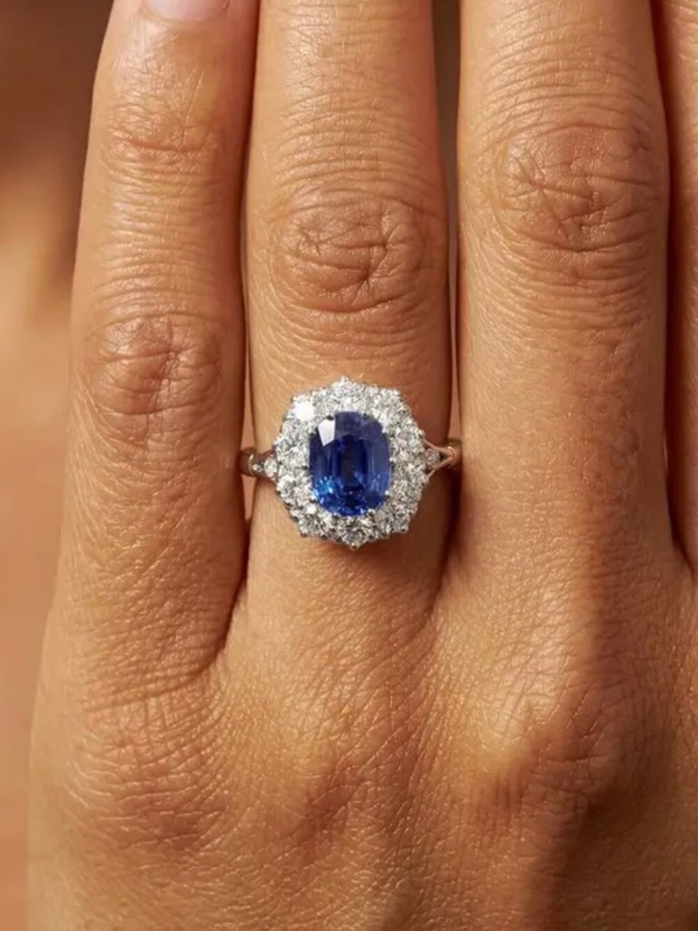 18k White Gold Blue Sapphire Diamond Ring Halo Oval Cut Ring Statement Ring
